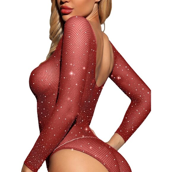 Women Wine Red Lingerie Fishnet Teddy Sparkle Rhinestone One Piece Mesh Bodysuit - Picture 4 of 5